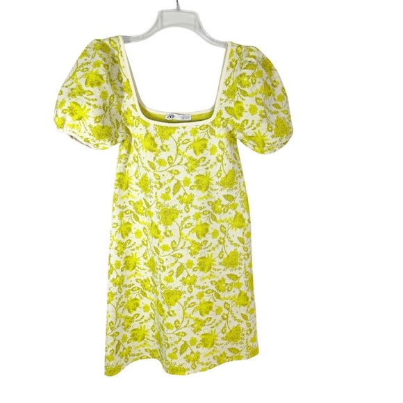 Zara Jacquard Knit Floral Puff Sleeve Mini Dress Citrus Yellow Green Size S - Picture 6 of 13